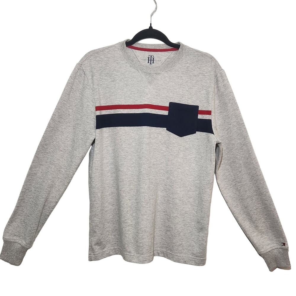Men's Size Small Tommy Hilfiger Crewneck Pullover Shirt Heather Gray Blue Red